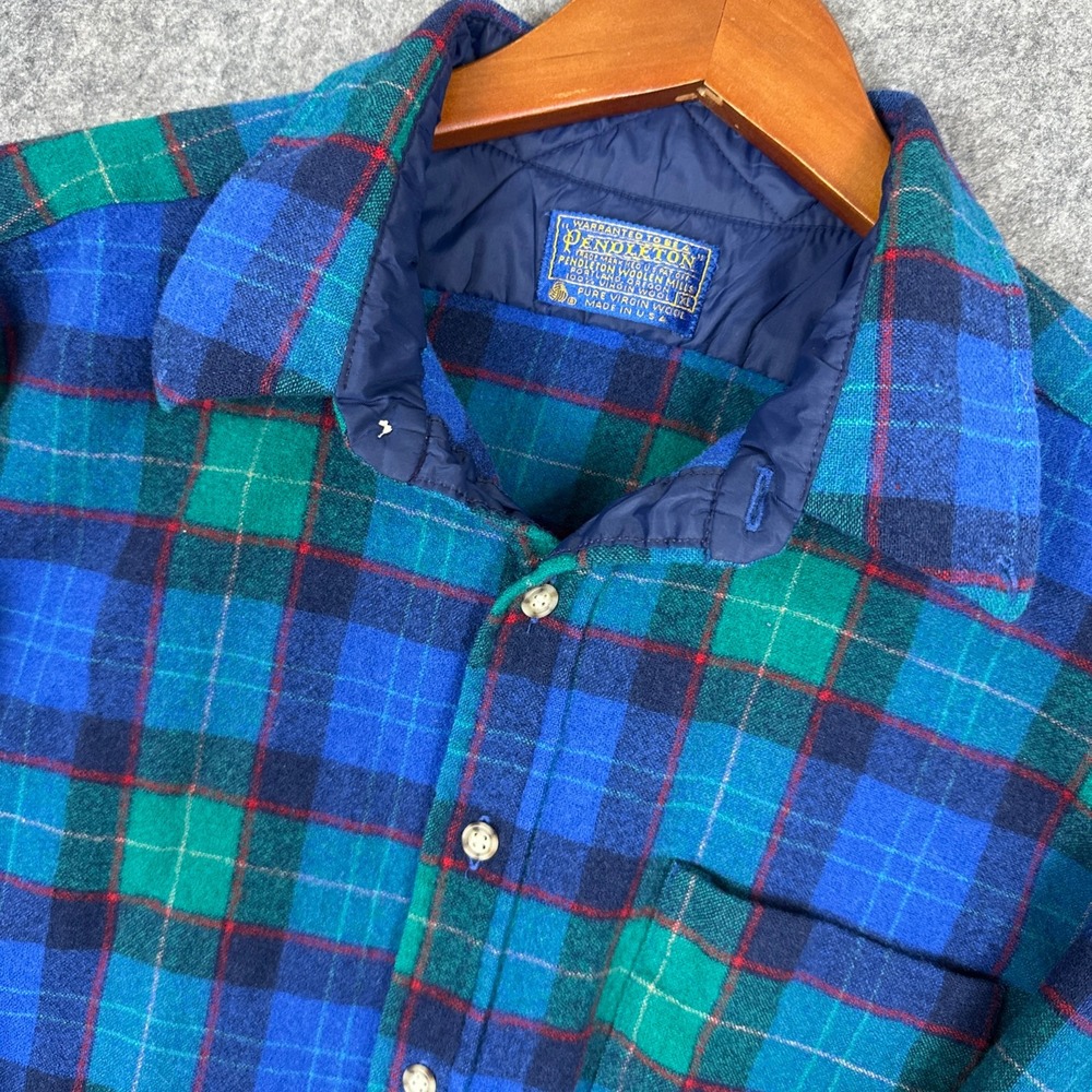 Pendleton Flannel Shirt Mens XL Blue Green Plaid Virgin Wool Button Down Vintage